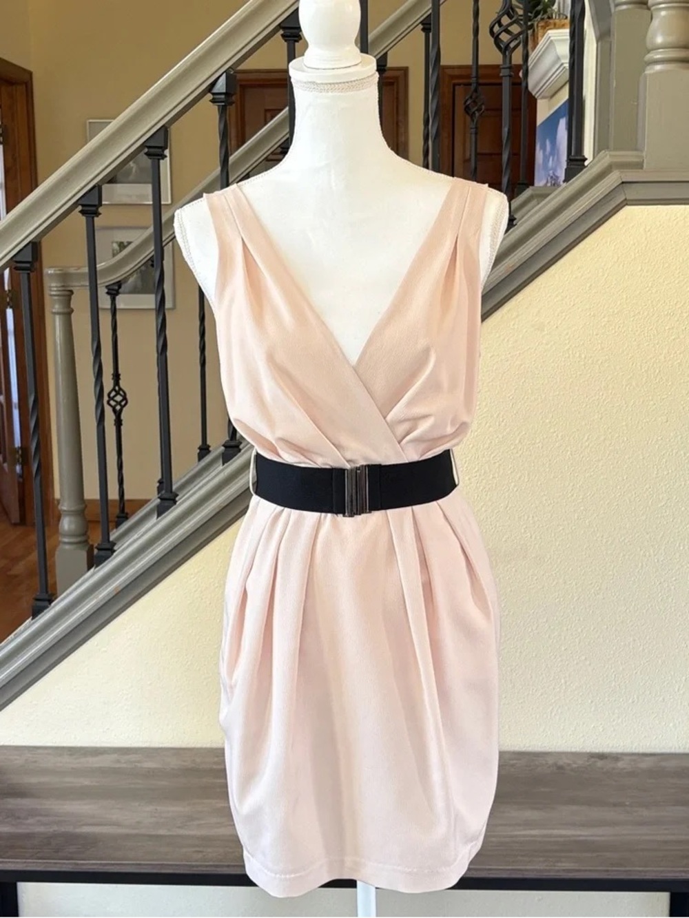 Sleeveless V-Neck Blush Pink Dress with Black Waist Belt